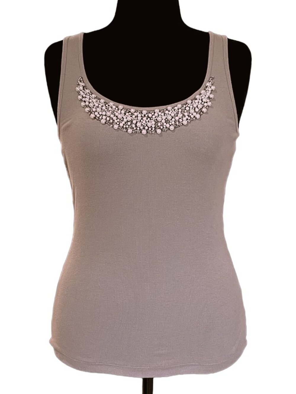 Pearl Beaded Ribbed Cotton Tank Top Caslon Taupe Scoop Neck Medium